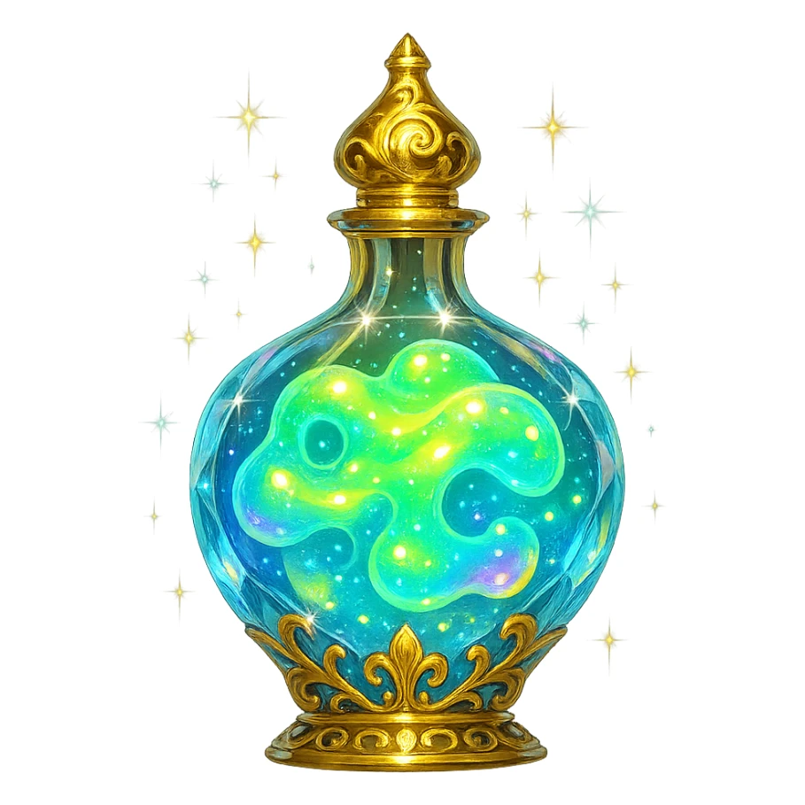 premium class crystal elixir bottle like liquid glowing slime, bright colors, lots of shine, edges, ornaments, golden details, magical effects, very small golden neck, transparent background, beautiful seamless bottom, bottle clearly floating in air, no base or shadow, very luxurious, playful, matching collection sticker