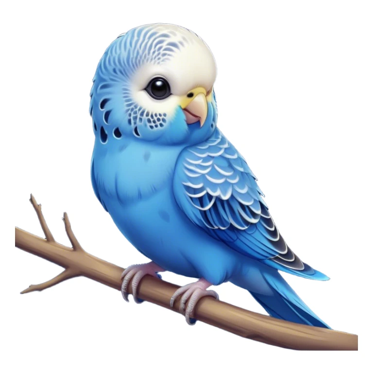 Cinematic Cute Blue Budgie Portrait Emoji, Head tilted playfully and inquisitively, featuring a brilliant blue feathered fur with a natural sheen, round, sparkling dark eyes filled with curiosity, Simplified yet irresistibly adorable features, highly detailed, glowing with a warm, friendly glow, high shine, affectionate and lively, stylized with a touch of whimsy, bright and endearing, soft glowing outline, capturing the essence of a mischievous yet loving budgie, so playful it feels like it could chirp out of the screen and into your arms! sticker