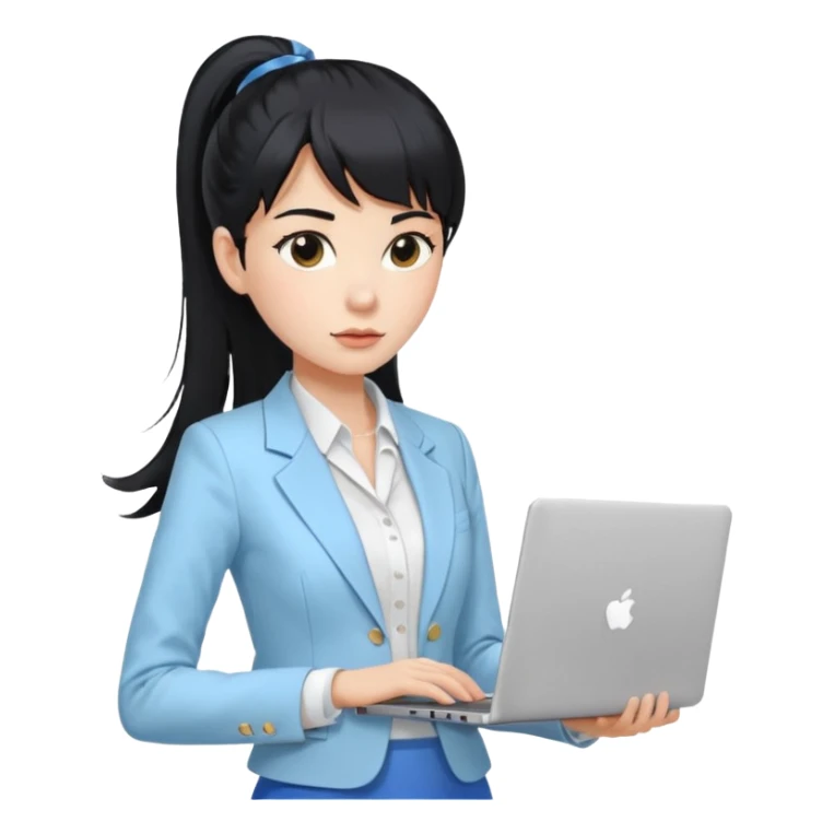 Januari – Cewe Ambisius Kulit putih cerah, rambut hitam panjang diikat ponytail tinggi rapi, poni tipis. Pakai blazer putih terang + inner biru muda, rok atau celana bahan putih. Lagi pegang laptop , ekspresi fokus dan tegas. sticker