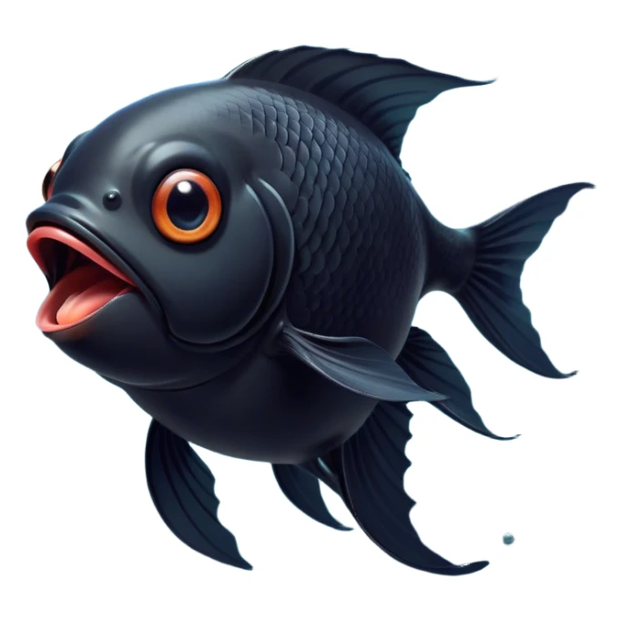 Cinematic Cute Yawning Black Goldfish Portrait Emoji, Head tilted slightly with a dramatic, wide-open yawn, showcasing a smooth, deep black body with elegant, flowing fins, eyes barely open in drowsy contentment, Simplified yet irresistibly adorable features, highly detailed, glowing with a soft, cozy glow, high shine, relaxed yet expressive, stylized with a touch of whimsy, bright and endearing, soft glowing outline, capturing the essence of a sleepy yet affectionate goldfish, so drowsy it feels like it could float out of the screen and curl up for a nap! sticker