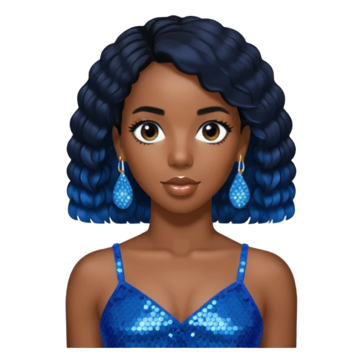 Kelly Rowland with black hair, blue sequin crop top, blue earring sticker