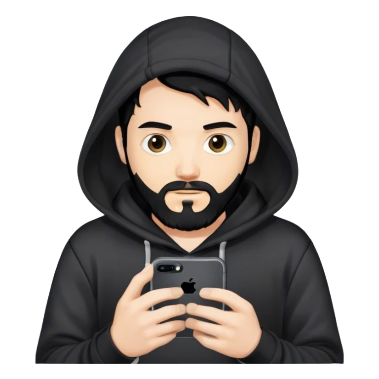 hackeur blanc cheveux noir barbe et capuche noir avec un iphone 16 pro sticker