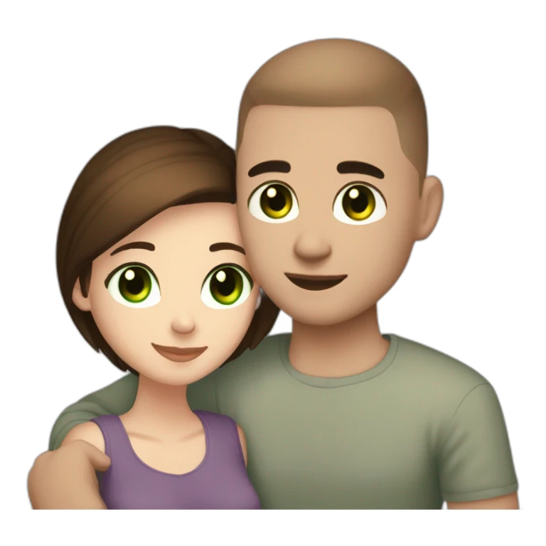 white skin Boyfriend with a light brown buzzcut and green eyes and medium length dark brown hair girlfriend with black eyes hugging sticker