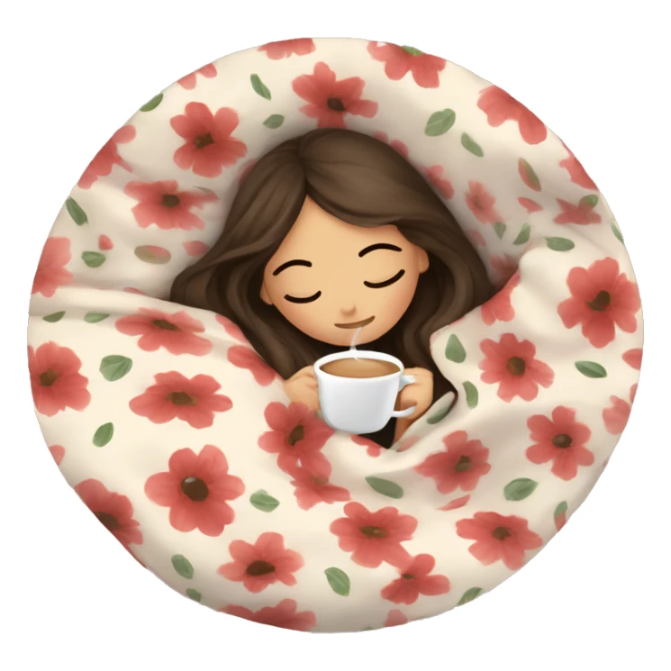 girl brunette inside a blanket sipping coffee eyes closed, floral blanket  sticker