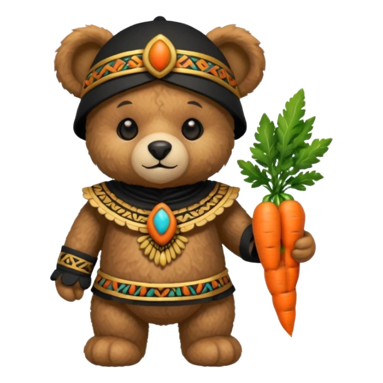 teddy bear, wearing black mayan ancient custome, with carrot half body sticker