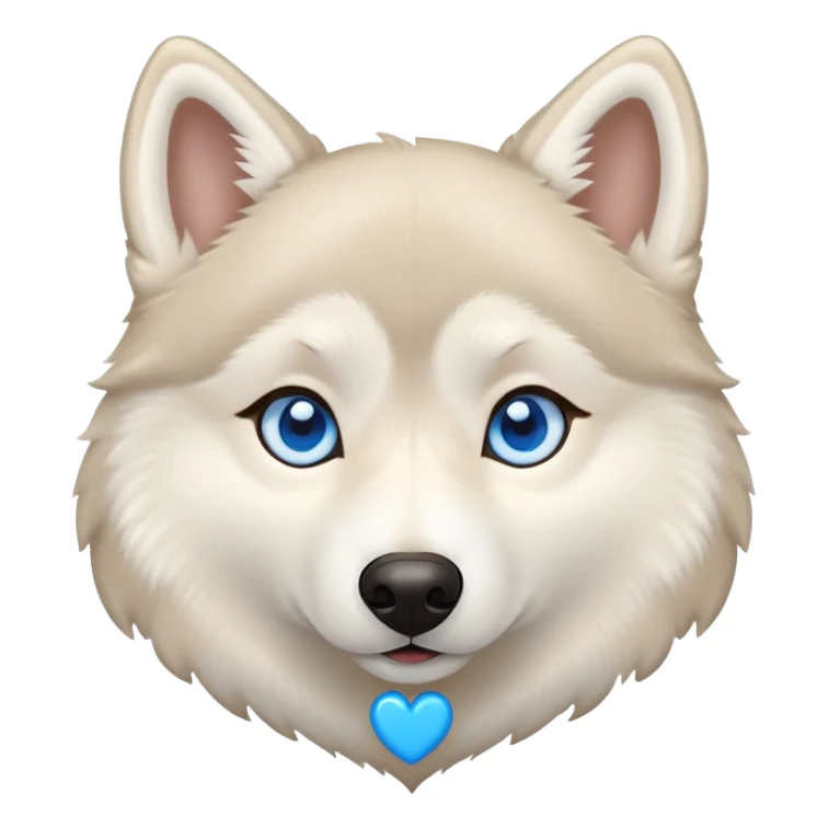Beige husky with blue eyes and a heart sticker