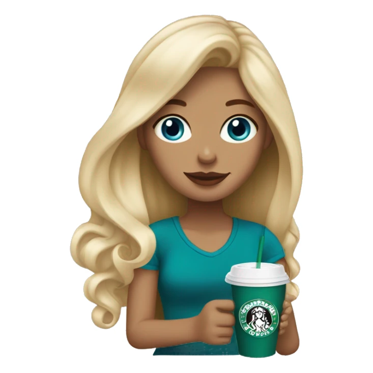 blonde girl blue eyes with Starbucks cup drink sticker