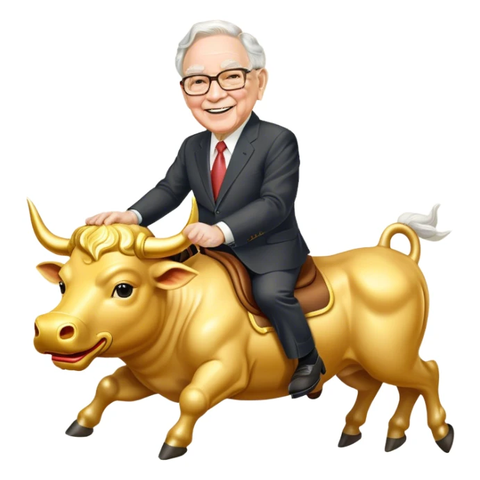 happy Warren Buffet riding golden bull sticker