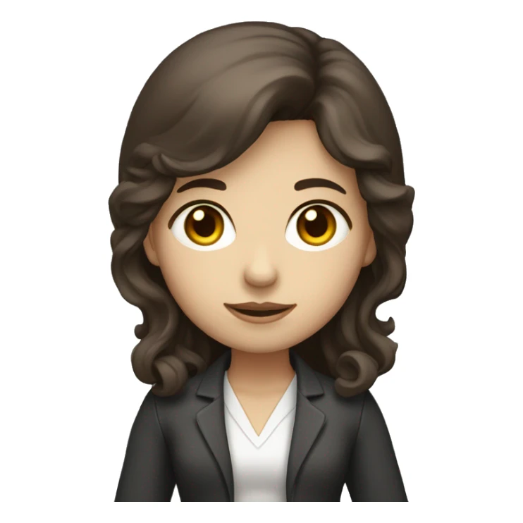 a developer girl with laptop in front, dark brown hair, white skin, wavy hair sticker
