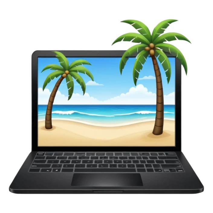 An open laptop on the beach. bildschirm ist schwarz und im hintergrund sind palmen, meer sticker