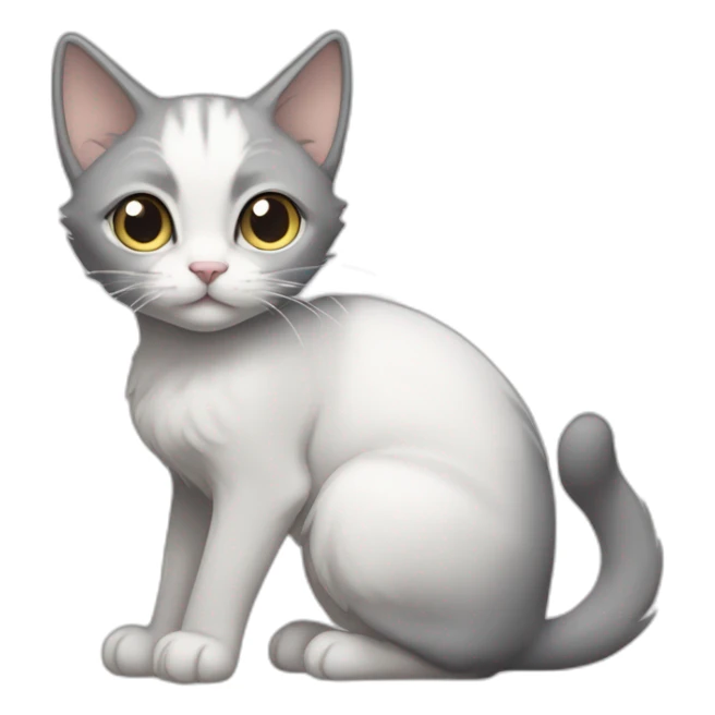 Gray white stray cat, she has pointy ears, white tummy, white right arm, gray left arm, gray back sticker