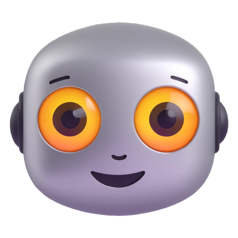 friendly, creative, and helpful AI emoji with a more robotic appearance: metallic features, technological details, glowing digital eyes, subtle smile, conveying intelligence and friendliness sticker
