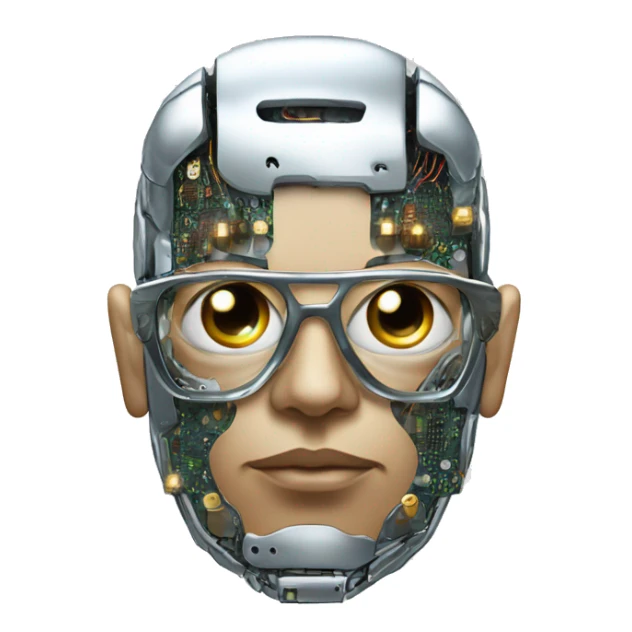 Male cyborg head with metallic plated face, flat top, glasses and circuits sticker
