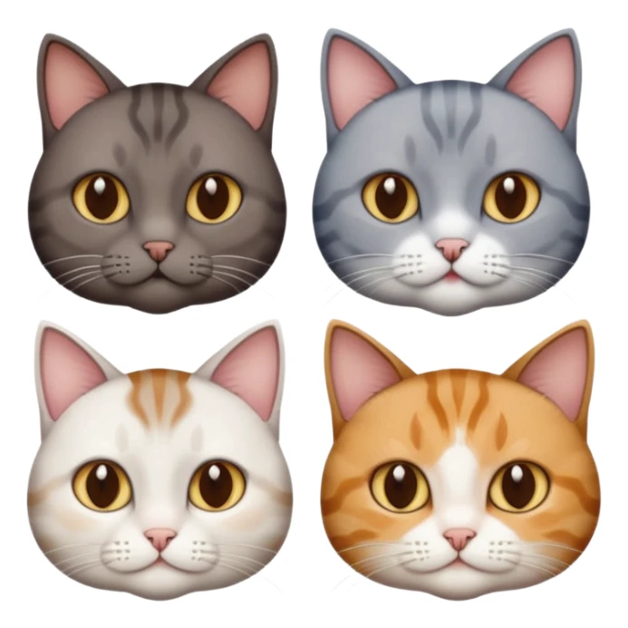4 different coloured short haired cats including; a dark brown tabby and white cat, and a dark grey and white  sticker