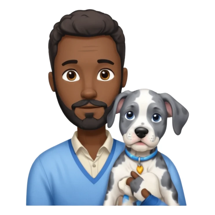 man and dog, tall bearded dark-skinned man, blue Merle Great Dane puppy sticker