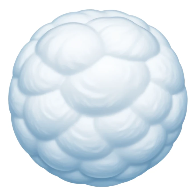 fluffy round snowball with light blue and white wind trail showing motion, soft powdery texture, slightly irregular shape, iOS emoji style, clean design, subtle highlights sticker