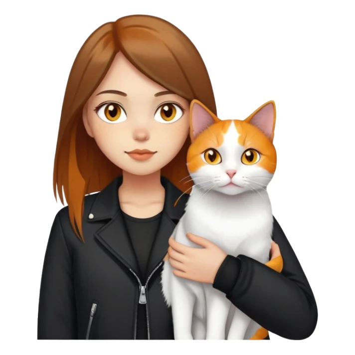 Light-skinned girl with brown straight hair wearing a black jacket, holding one pure white cat with bright yellow eyes and one calico cat with orange black and white patches sticker
