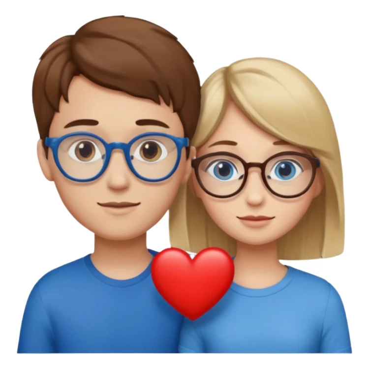 two young lovers, a red heart in the middle, boy with brown hair and glasses, girl blonde with blue eyes, emoji style sticker