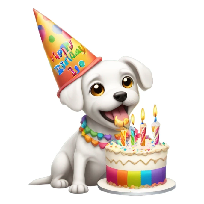 White male small dog wearing birthday hat with a cake  sticker