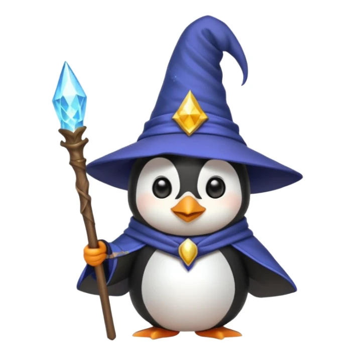 cute penguin dressed as a wizard, pointy hat, magic staff, emoji style sticker