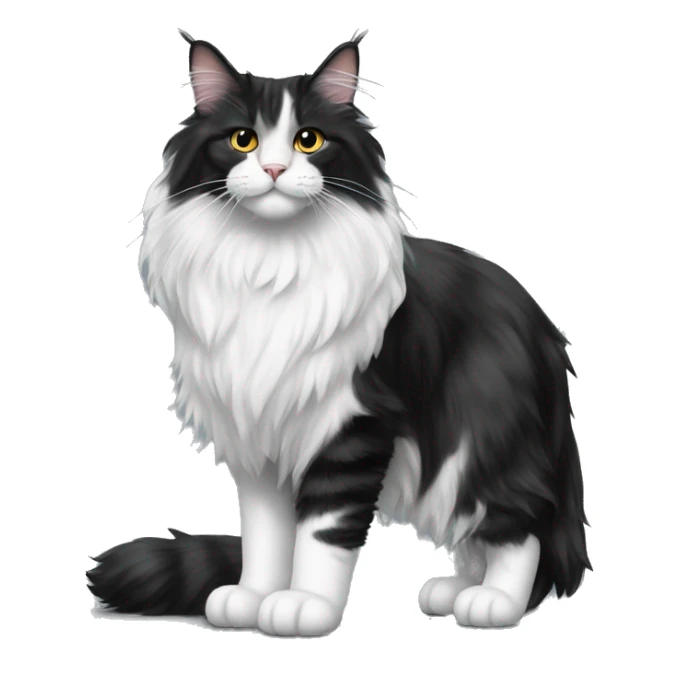 A black and white Maine Coon cat stands on the floor sticker
