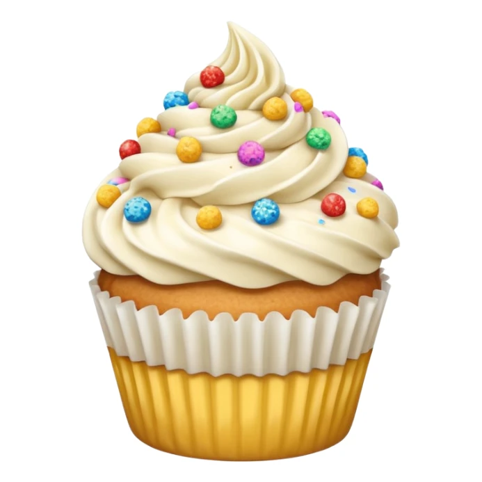 Vanilla cupcake, with vanilla frosting and crushed up cereal pieces on top with sprinkles sticker