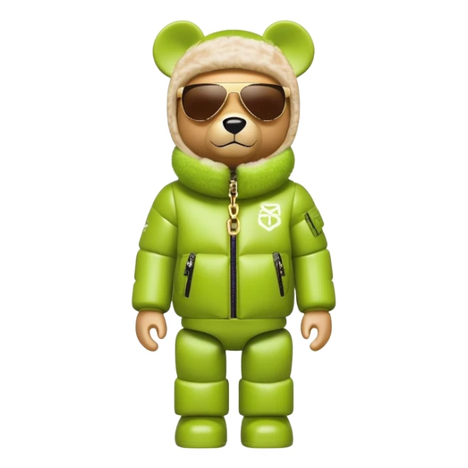 sleek bearbrick with lime balaclava covered in logo graffiti, futuristic single continuous visor sunglasses as one solid piece, no eye division, luxurious voluminous puffy coat with fur trim, gold chain accessories sticker