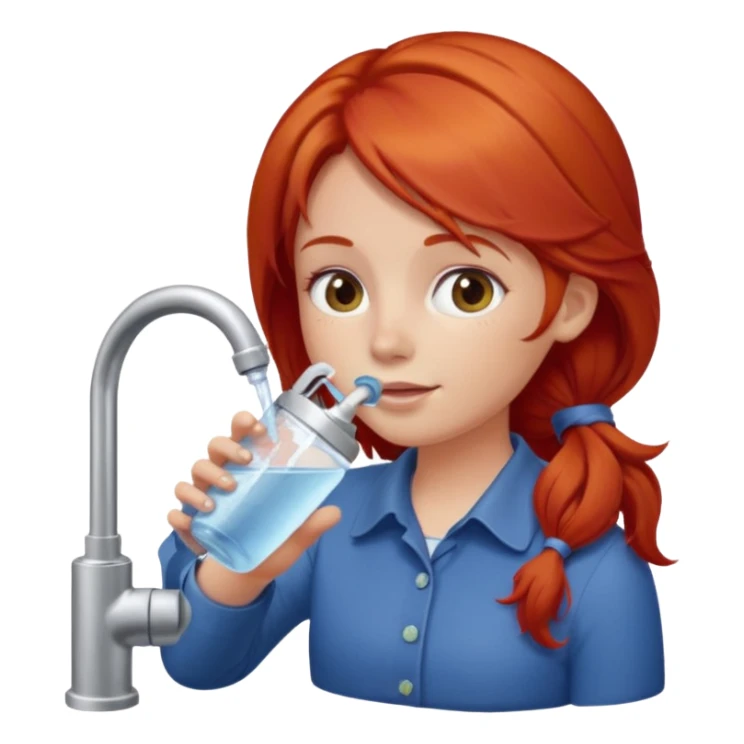 red-haired girl drinking water from a kitchen faucet apple style emoji sticker