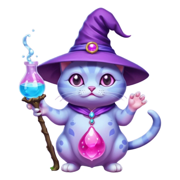 Purple witch cat full body with pink potion and blue potion bubbling  sticker