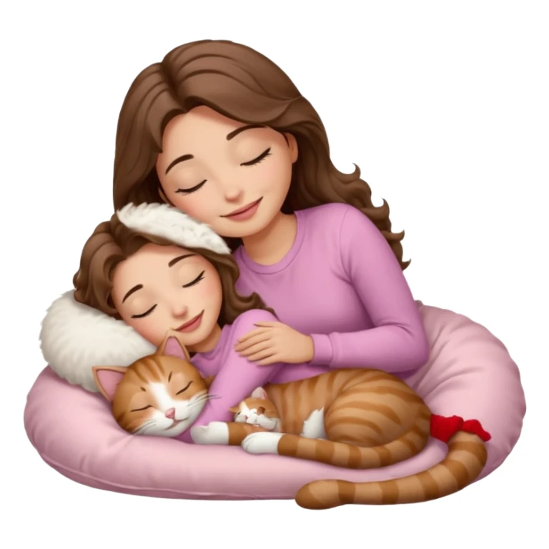 girl with wavy long brown hair, brown eyes, light to medium complexion, long lashes, light pink lipstick, smiling, wearing light pink shirt, sleeping on a cozy pillow, cuddling a tabby cat  sticker
