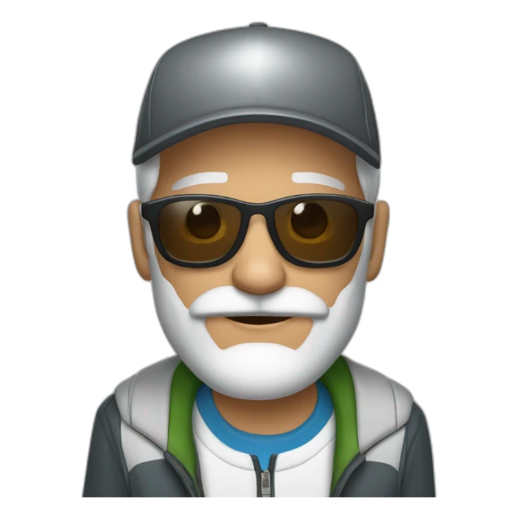 gray-haired man with a beard and mustache in sunglasses wearing a baseball cap on his head in a sports jacket sticker