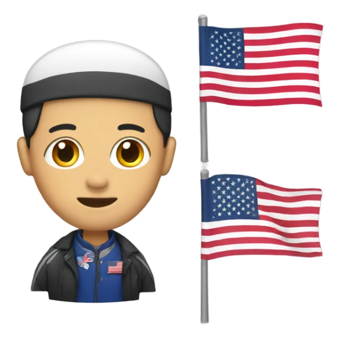 Chinese hoy wearing a usa flag  sticker