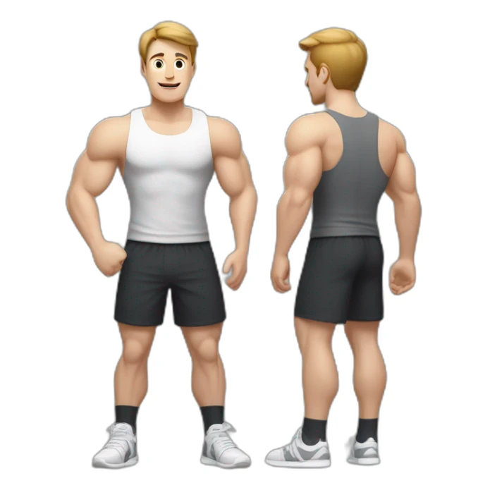 Full height Actively gesturing with hands Pale skinned Fit Man With the biceps and brown hair in dark gray Sleeveless Mike, black oversize sports shorts and white Sneakers sticker
