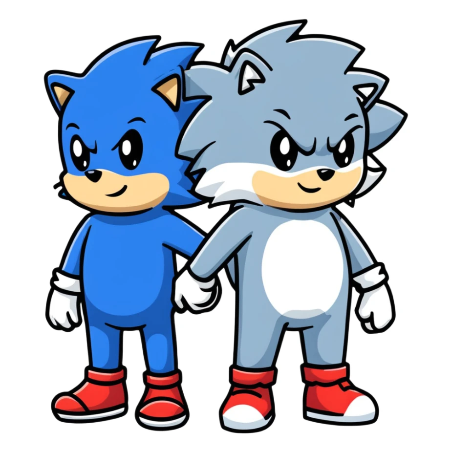 Sonic the blue hedgehog and Silver the white/silver hedgehog holding hands together as friends sticker