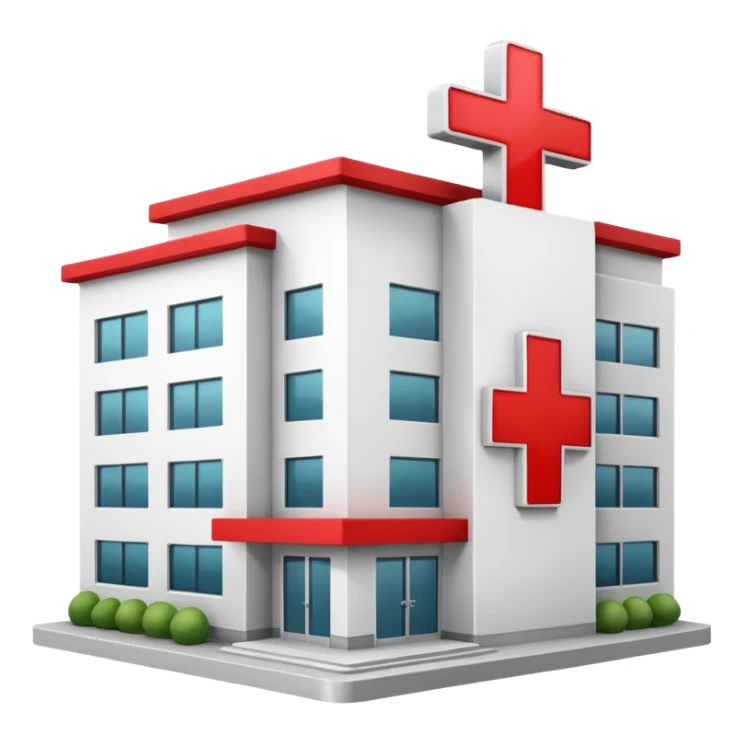 A hospital building with a red +. In PNG format. sticker