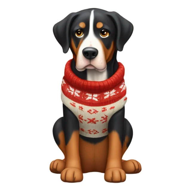 Greater Swiss mountain dog wearing a moose sweater sticker