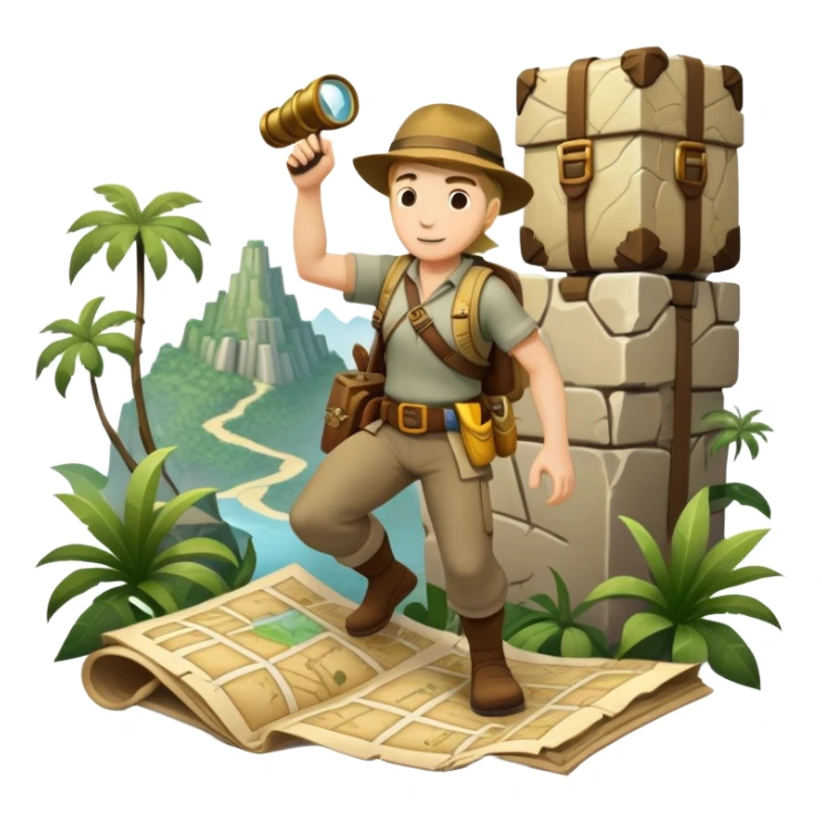 An icon featuring an adventurer in a dynamic action pose, with treasure maps, ancient ruins, and jungle landscapes in the background. The design includes clues, hidden passages, and climbing gear, symbolizing the thrill of exploration and discovery. Transparent background. sticker