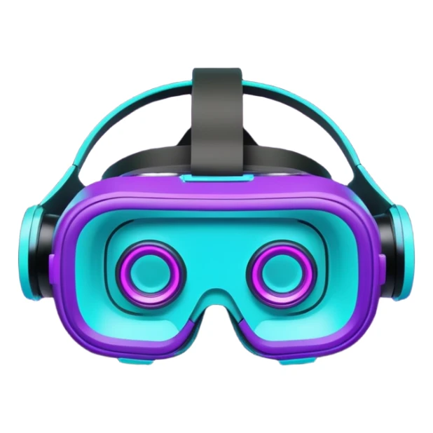 Futuristic glowing neon VR headset emoji, purple and cyan light, dark background, digital tech style sticker