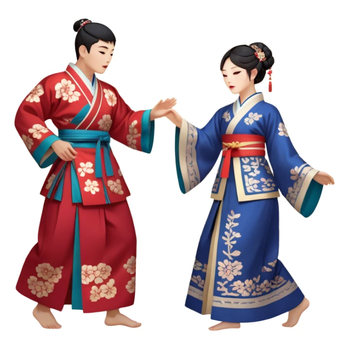 Cinematic Realistic scene of two performers engaging in Ganggangsullae, dressed in traditional Korean costumes with intricate patterns and graceful movements, illuminated by soft, festive lighting that accentuates the cultural ambiance sticker
