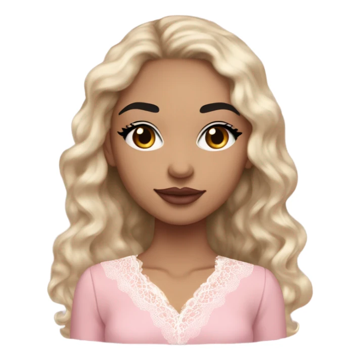 Light skin girl with Cupid bow lips and long eyelashes and black eyes straight eyebrows and wavy long black hair pink blush on cheeks wearing flare lace shirt  sticker