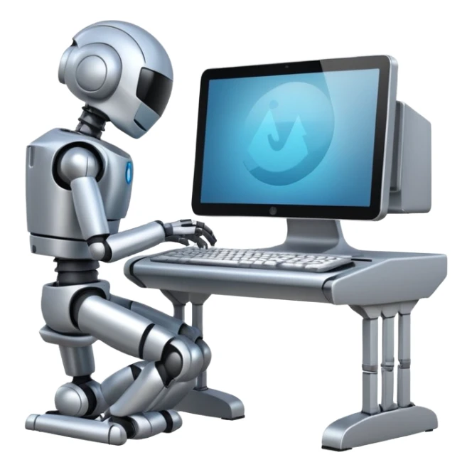 Grocery shelf design on a computer with a robot at the keyboard sticker