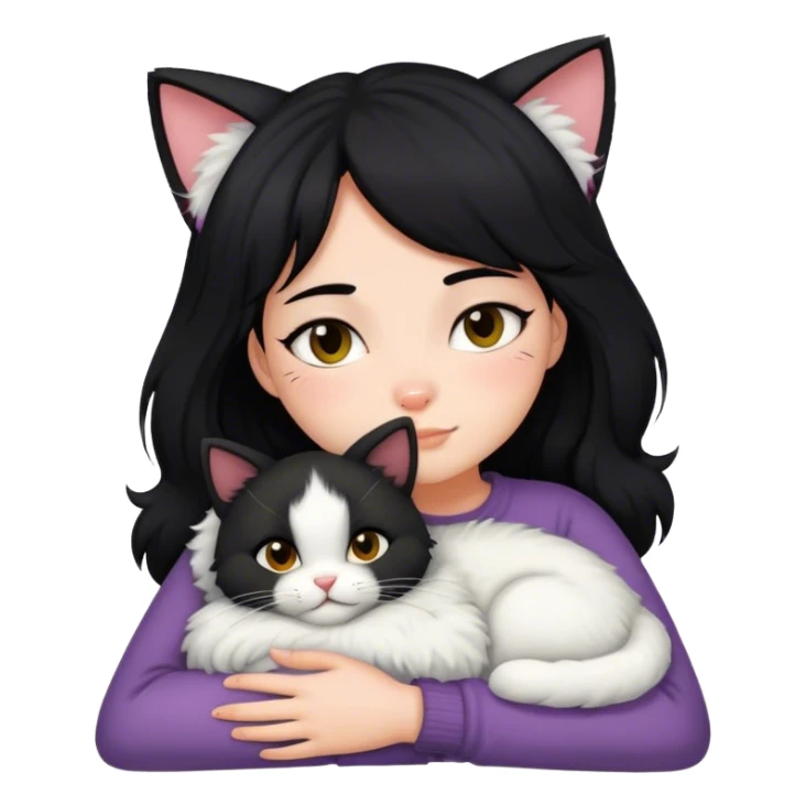 Black hair girl snuggling a fluffy ruffian (cat) sticker