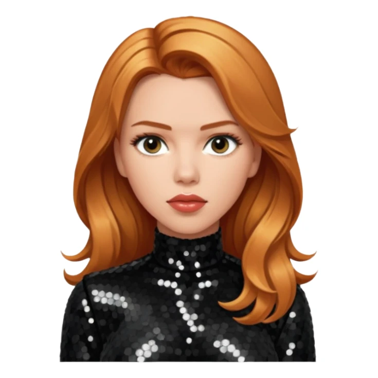 Scarlett Johansson with long reddish blonde hair, black sequin outfit sticker