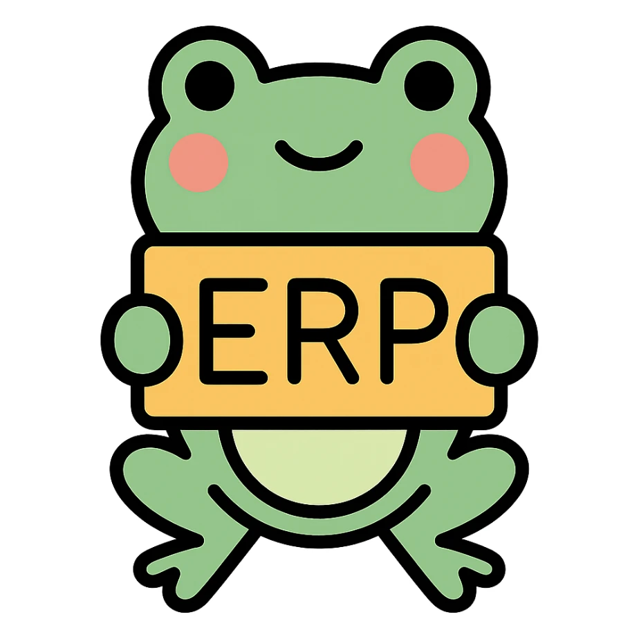 frog holding a sign that says ERP, colorful outlined icon style sticker