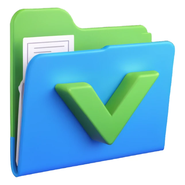 3D style illustration of a blue folder with a prominent green V checkmark icon sticker