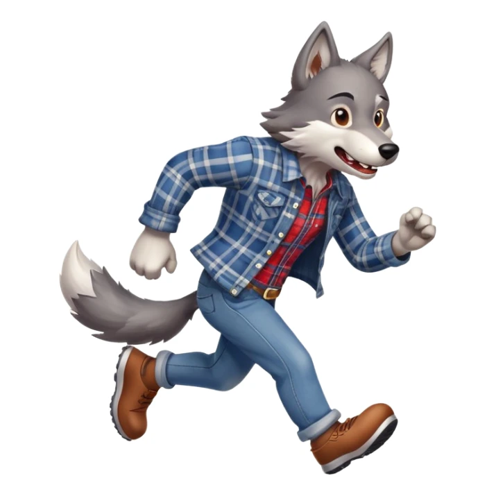 friendly anthropomorphised wolf in plaid and jeans running, energetic pose sticker