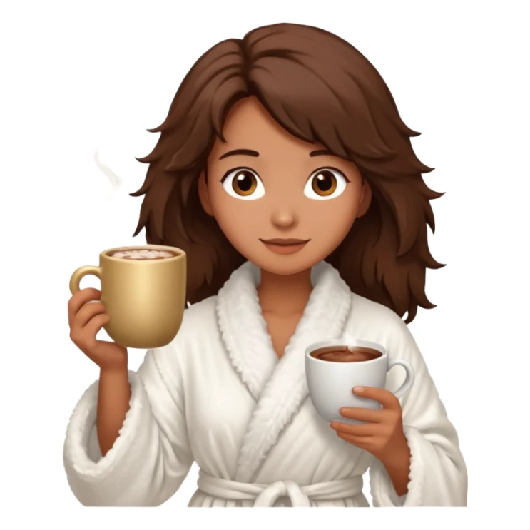 {
      "type": "human",
      "look": "fluffy robe woman, messy hair, holding cup of cocoa",
      "description": "a woman in a fluffy robe with messy hair, holding a cup of cocoa"
    } sticker