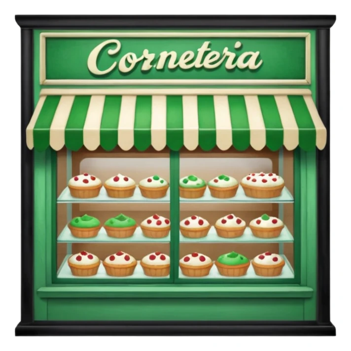 The image shows the front window of a bakery named "Cornetteria". The window is framed by a green wooden frame and has a sign above it that reads "CORNETTERIA".  sticker