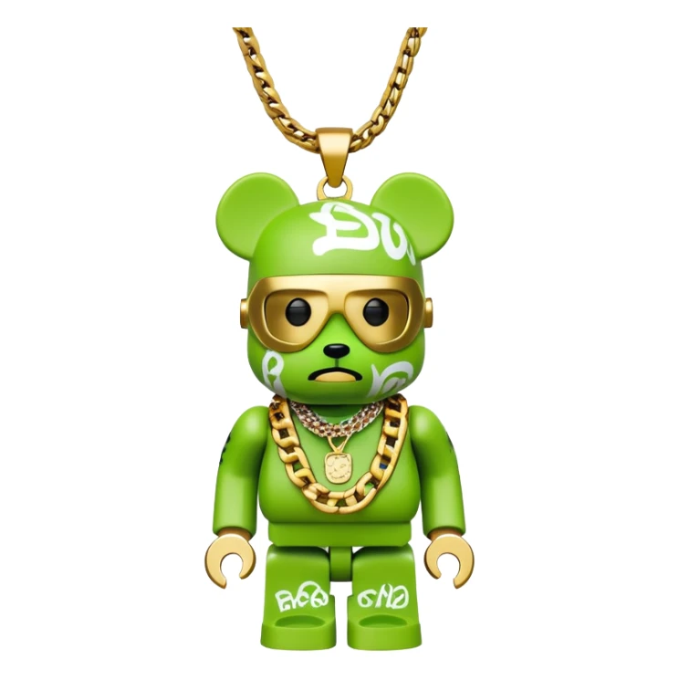 classic bearbrick figure with lime green mask covered in chaotic brand logos, wearing several large gold chains, gold pendant, rapper style accessories, expressive eyebrows sticker