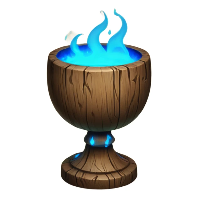 A magical goblet, large and imposing, made of aged wood with a smooth surface. It emits a bright blue glow, with magical flames dancing inside, symbolizing its power and mystery. sticker
